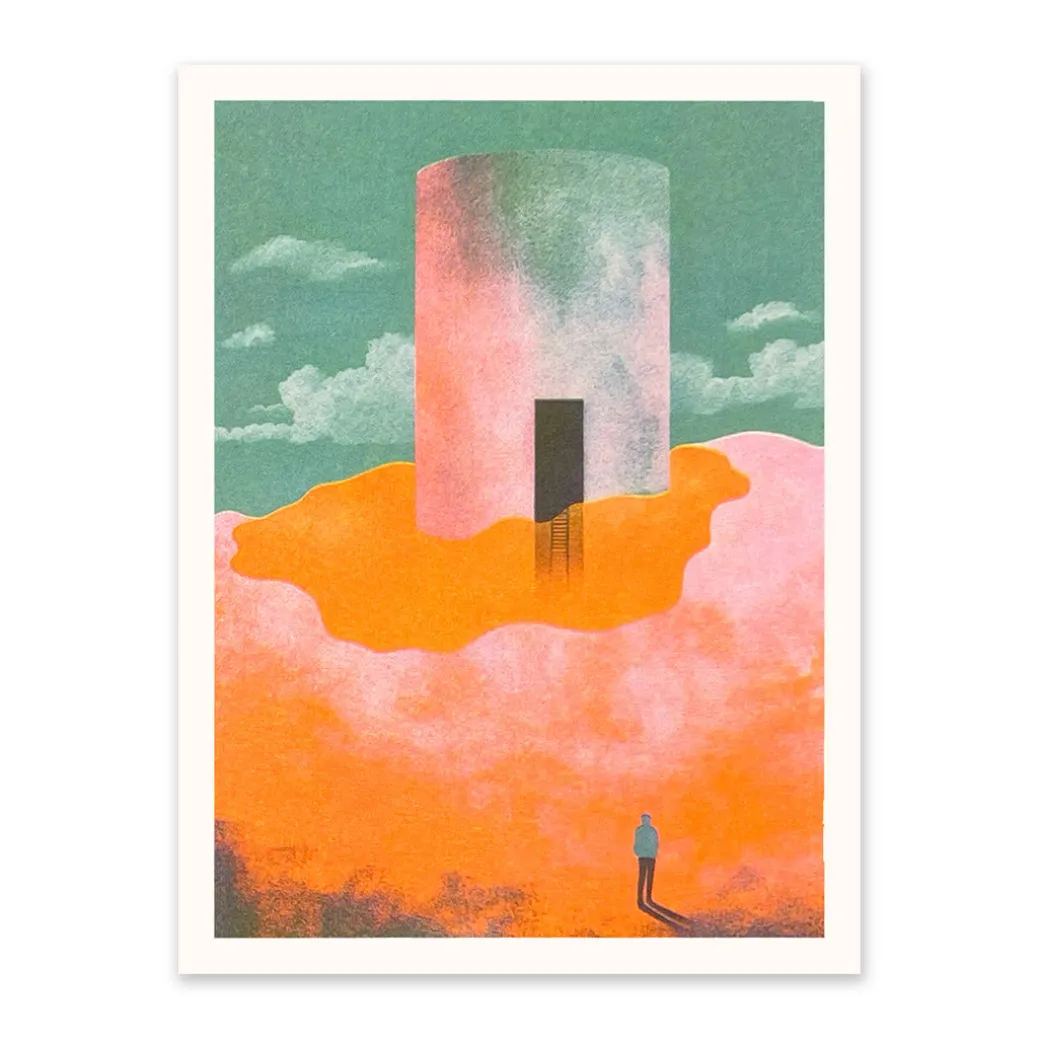 Figure and Tower In The Clouds Riso Print (8x6)