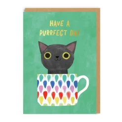 Green Teacup Cat Greeting Card | Ohh Deer