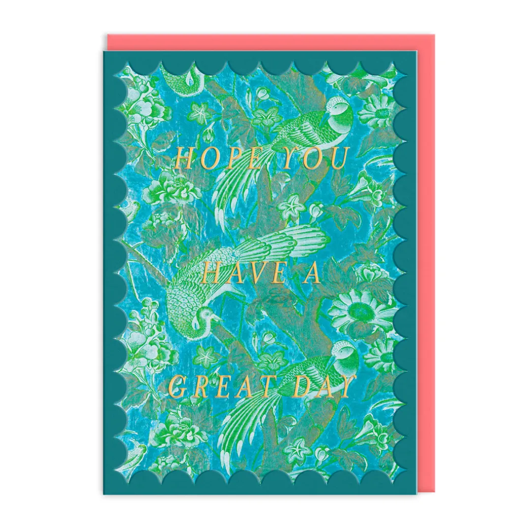 Scalloped Turquoise Birds of Paradise Birthday Card